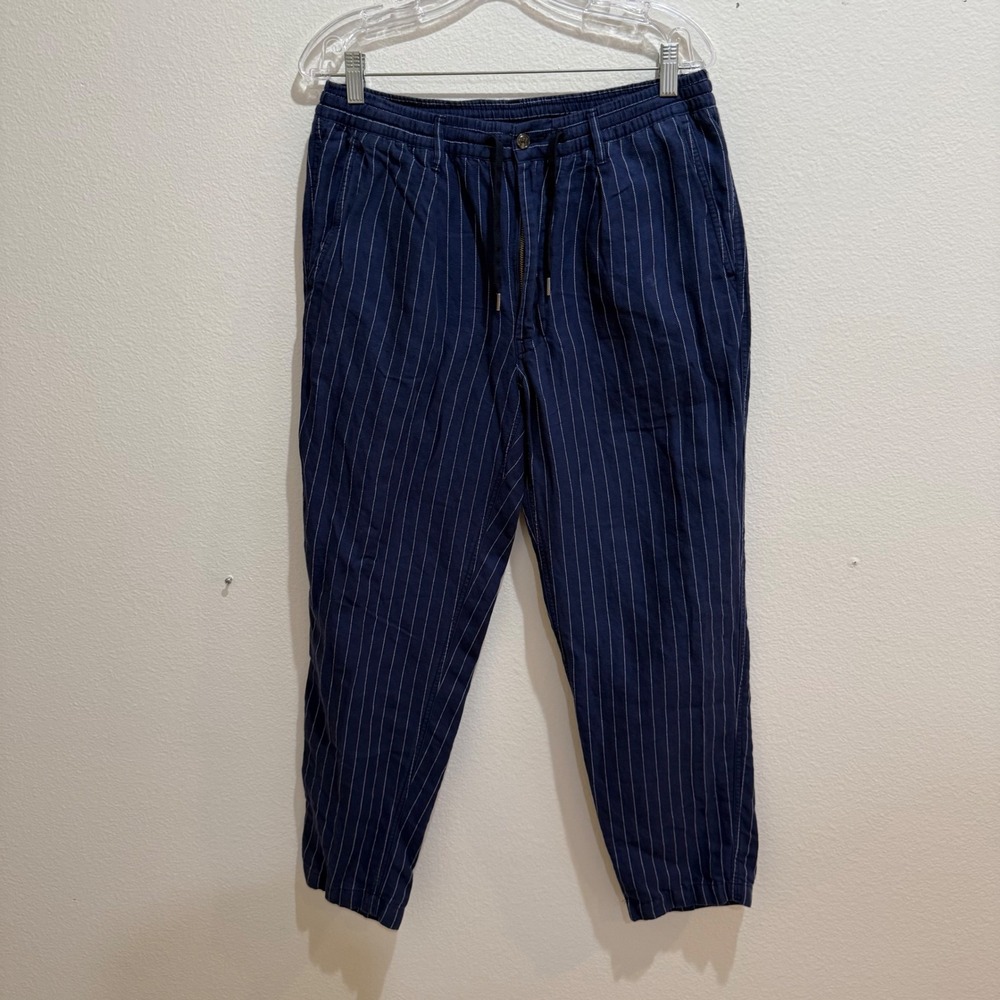 Polo Ralph Lauren Mens Tailored Slim Fit Pinstripe Linen Blend Pants Navy Blue M